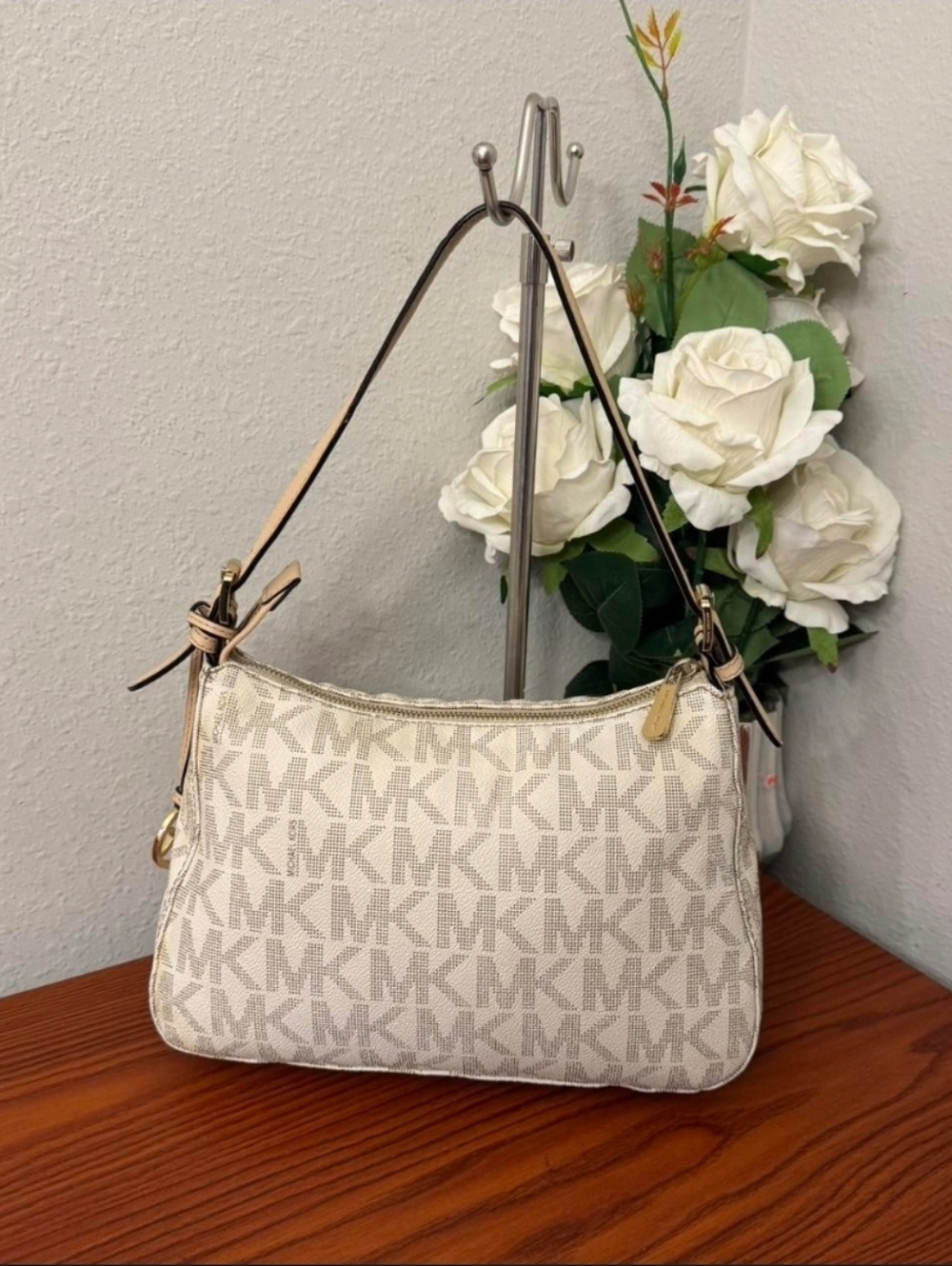Michael Kors Cream Logo Shoulder Hobo with Gold MK Charm
